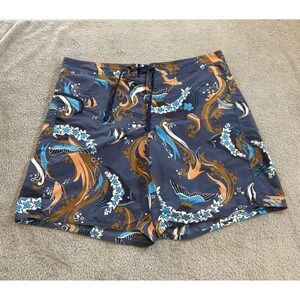 Patagonia Wavefarer Boardshorts 36 Blue Brown Fish Floral Print Swim Trunks Surf